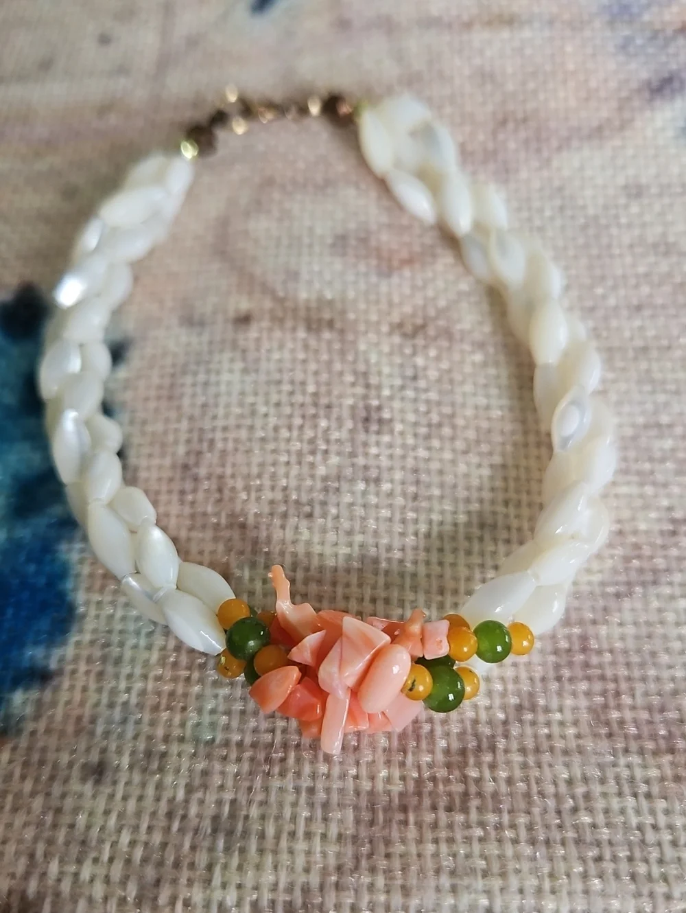 Vintage Mother of Pearl, Coral and Jade Bracelet
